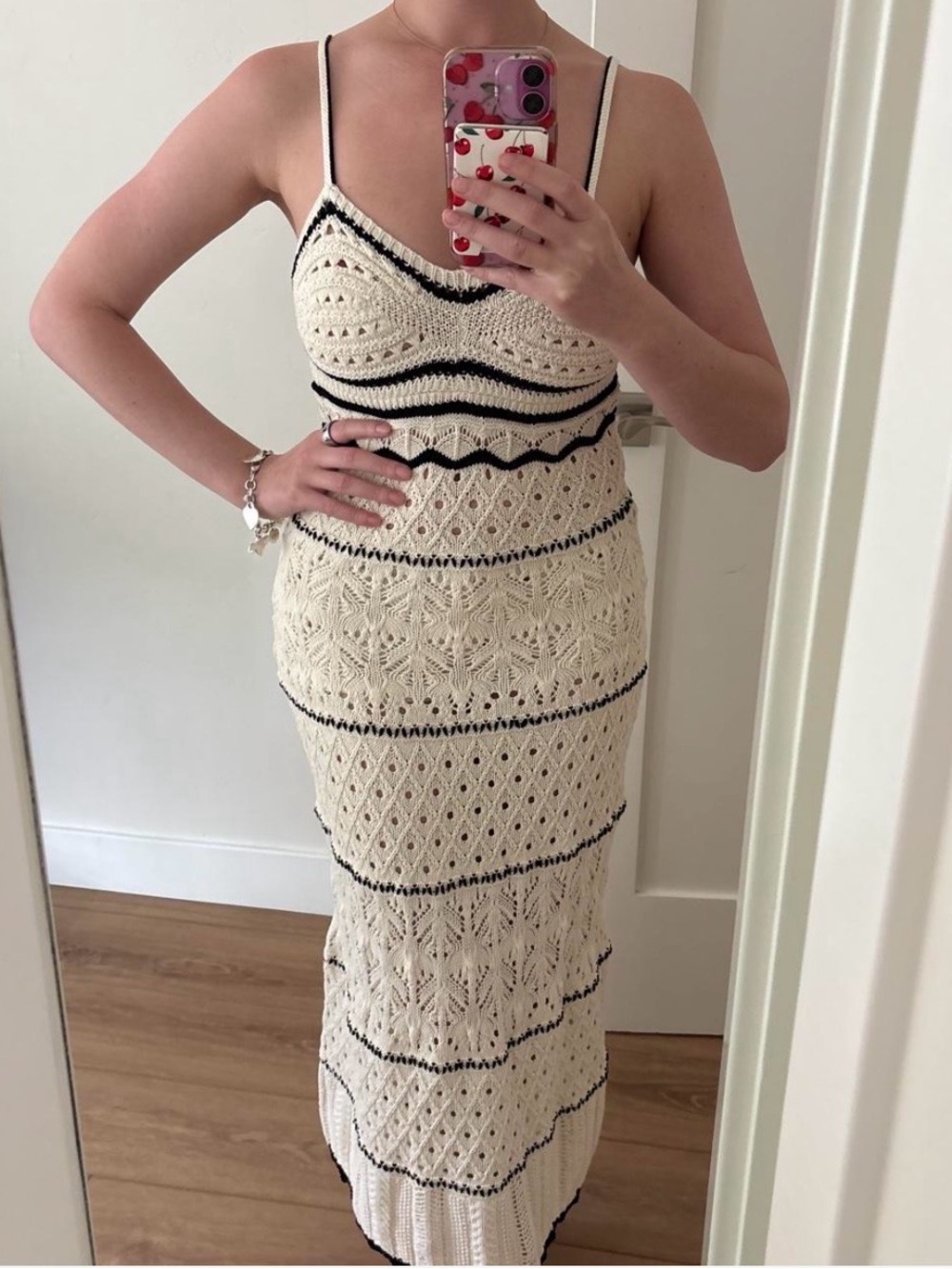 Zara Cream Crochet Maxi Dress with Black Trim